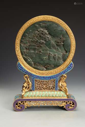 Cloisonné enamel inlaid jasper landscape gaoshi figure illus...