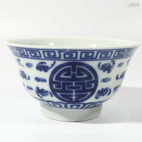 Blue and white blessing and longevity bowl