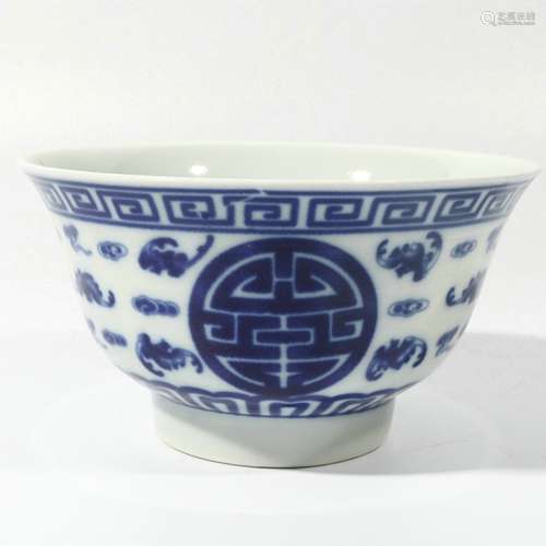 Blue and white blessing and longevity bowl