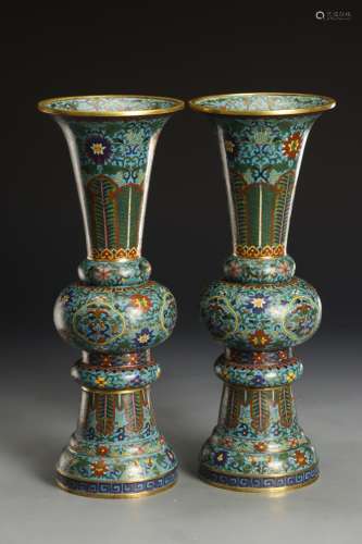 Pair of cloisonné enamel tangled flower-patterned goblets