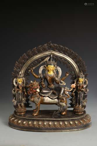 Alloy copper inlaid silver and mud gold Manjusri Bodhisattva...