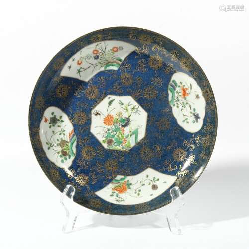 Blue background painted gold consecrated flower plate