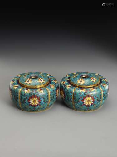 A pair of cloisonné enamel go jars with twisted branches and...