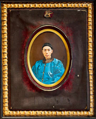 1860-1870s 清末男子肖像油画照 瓷板油画 摄影底板/Oil Painting...
