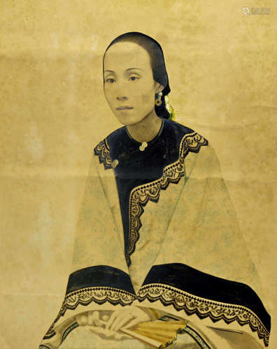 1860-1870s 清末穿华服的女子坐像 纸本水彩/Water Color on Pape...