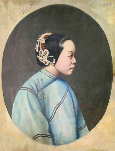 1860-1870s 清末带头饰女子侧身像 布面油画/Oil Painting on Can...