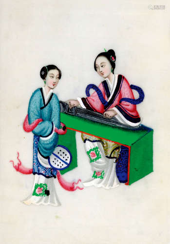 1860s 中国仕女通草画套装（12张） 通草画/Watercolor on Pith Pap...