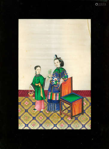 1850s 清末官员夫妇及随从通草画一对（2张） 通草画/Watercolor on...