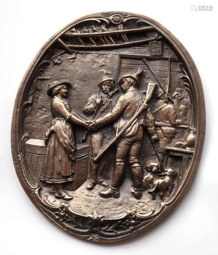 Bronze - Wandmedaillon "Interieur mit Jägern",ca.2...