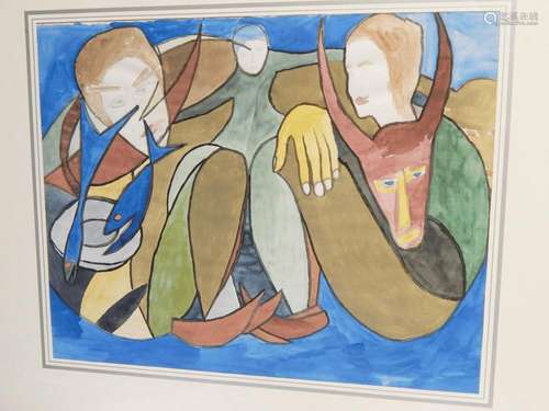 "Fische und Figuren mit Stierkopf",Aquarell,unsign...