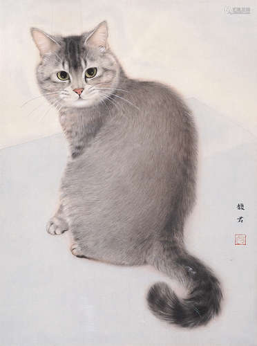 何馥君 猫 设色纸本 镜框 