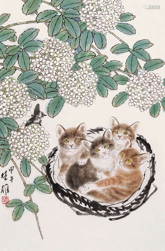 方楚雄 绣球花猫 设色纸本 镜框 2014年作 