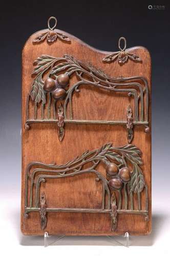 Wall shelf, Art Nouveau, around 1900, oak top,two bronze