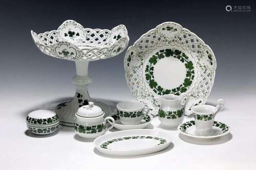 19 pieces of crockery, Meissen, full green vine leaves