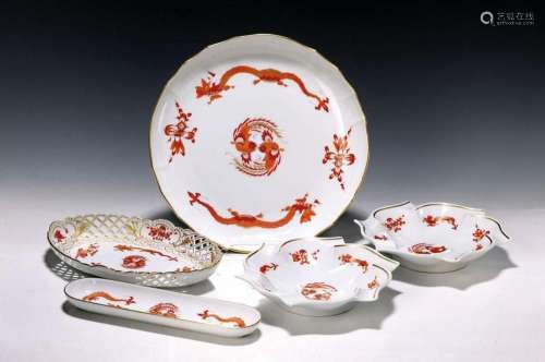 5 pieces of crockery, Meissen, red dragon, 2nd half of the