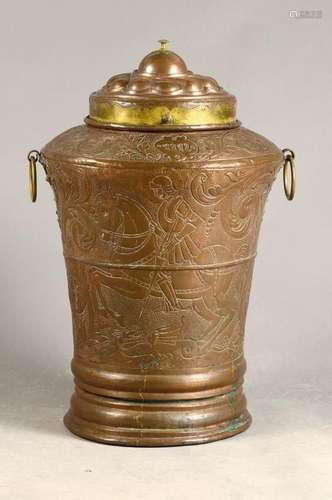 Large storage jar, German, 1712, copper body with brass