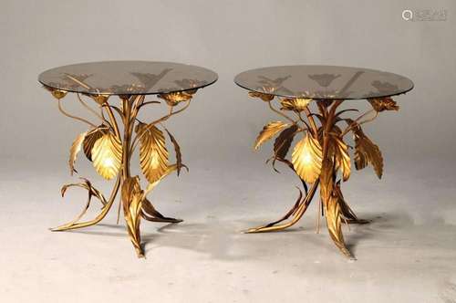 Two side tables, Italy, 20th century, brass frame in the