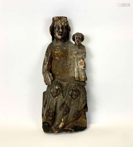 Vierge à l'Enfant en bois sculpté, marouflé, polychromé et d...