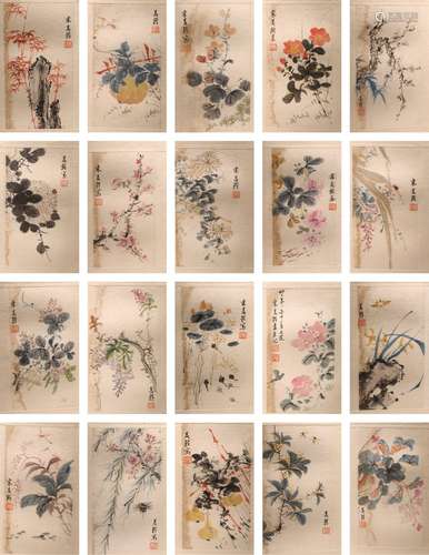 宋美龄(1898-2003) 花卉精品册页 二十開 設色紙本