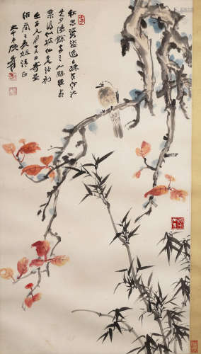 張大千(1898-1983) 紅葉小鳥 設色紙本 鏡心