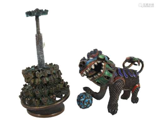 Chinese Imperial Bronze Hat Stand & Silver Foo Dog