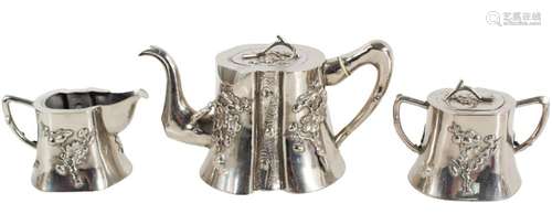 Japanese Silvered Metal Apple Blossom Tea Set