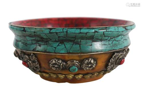 Tibetan Silver-Mounted Molded Gourd Bowl