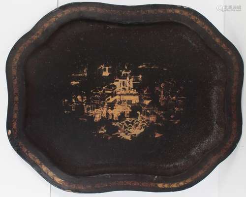 Chinese Export Black Lacquer & Gilt Decorated Tray