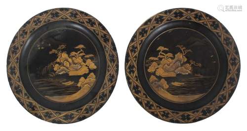 Two Chinese Parcel Gilt Black Lacquer Chargers