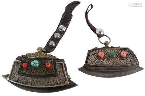 (2) Tibetan Metal & Leather Fire Starter Pouches