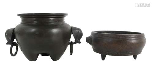 Two 19th C Chinese Patinated Bronze Tripod Censors