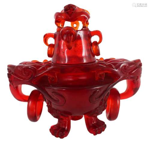 Large Chinese Cherry Amber Style Tripod Censer