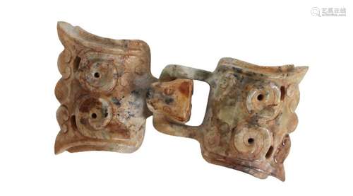 Early Chinese Calcified Green Jade Belt Clasp