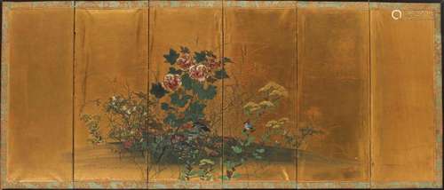 Japanese Six Panel Painted Paper Screen