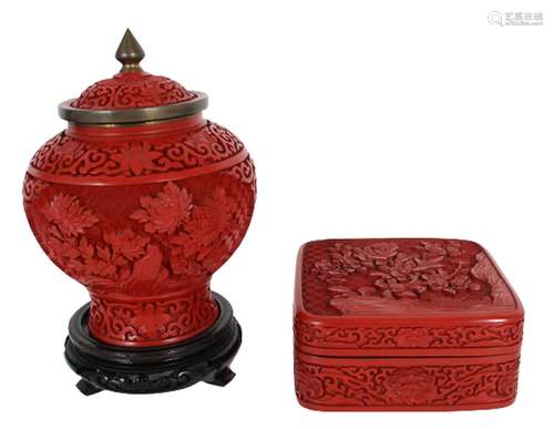 Chinese Cinnabar Lidded Box and Jar