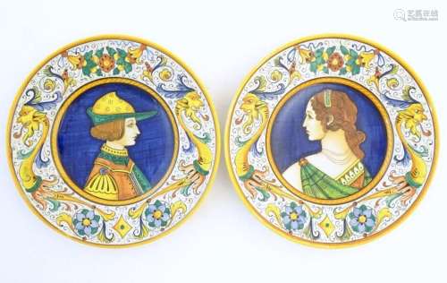 Two Italian majolica portrait plates with folate and mask de...