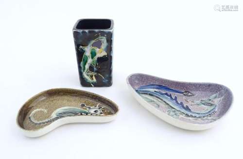 Two studio pottery shaped dishes by Jo Lester, one with seah...