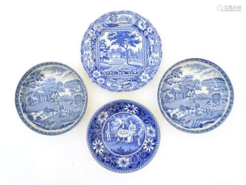 Four 19thC and later blue and white plates / dished saucers ...