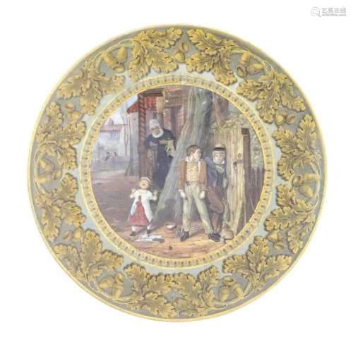A Prattware plate decorated with a street scene with misbeha...