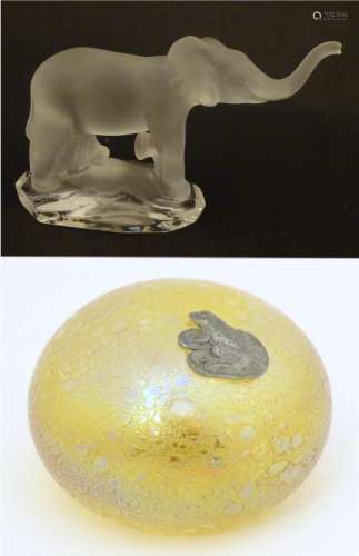 A Heron glass paperweight with frog decoration together with...
