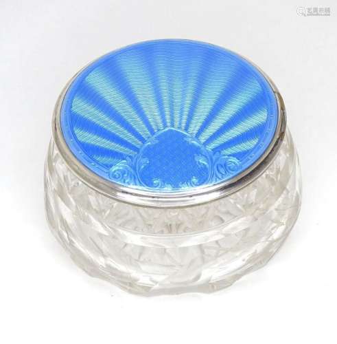 A cut glass dressing table powder box with silver top having...