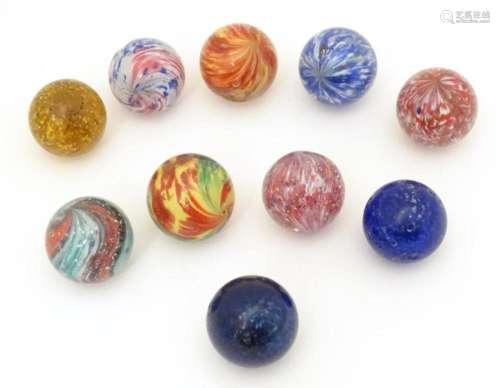 Toys: Ten German glass marbles, six with mica inclusions. Ap...