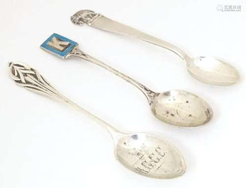 Three assorted silver commemorative / souvenir teaspoons, to...