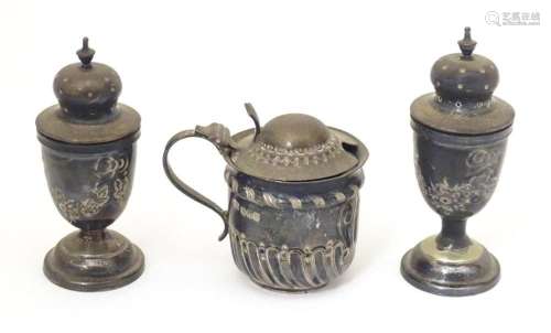 A Victorian silver mustard pot with hinge lid and blue glass...