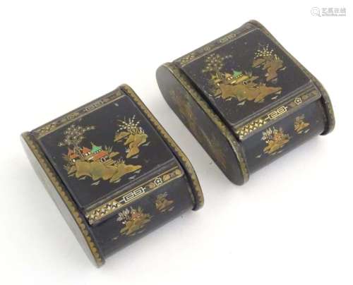 Two 20thC lacquered boxes with hinged lids decorated with ch...