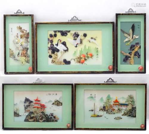 Five 20thC Chinese mother of pearl collages / dioramas withi...