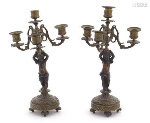 Two 19thC cast metal table candelabra / candelabrum the cent...