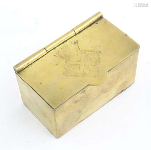 A mid 20thC brass tea caddy, the hinged lid decorated with t...