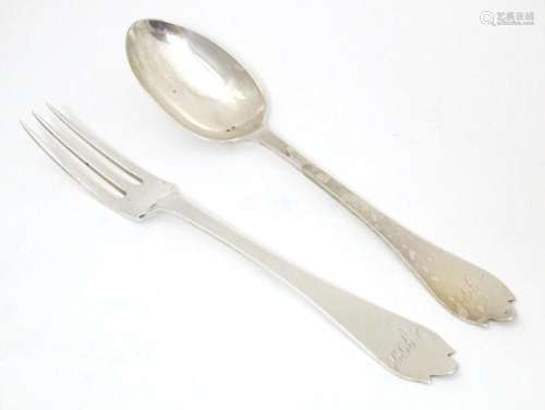 A silver christening fork and spoon with trefid handles hall...