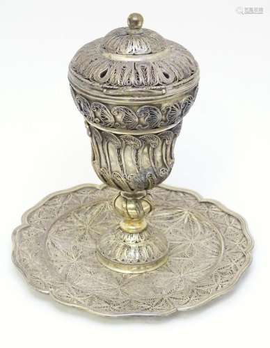 A silver plate and white metal pedestal incense burner on a ...